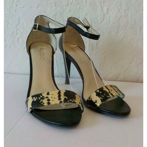 Aldo Black Sandals 6.5 M Stilettos Heel Ankle Strap Faux Leather Animal Print - Picture 2 of 12